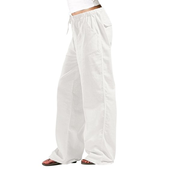Linen Pants Women,Linen Drawstring Pants Elastic Waist Pocket Straight Leg Trousers Casual Comfort Fit,Travel Pants,3XL,White