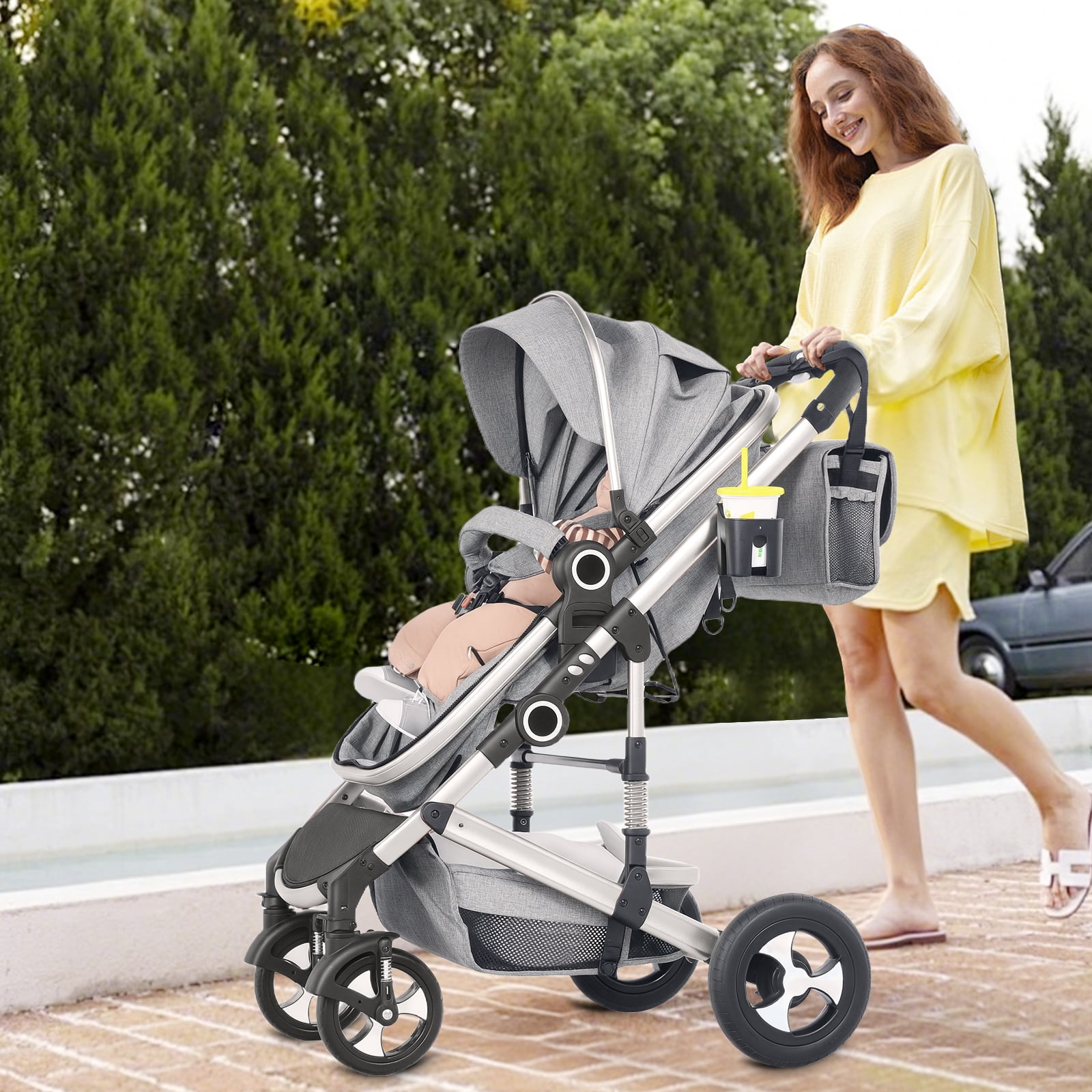 LINLUX 2 in 1 Baby Stroller w/ Diaper Bag & Big Wheel, Infant Pushchair, 23 Pounds, Grey