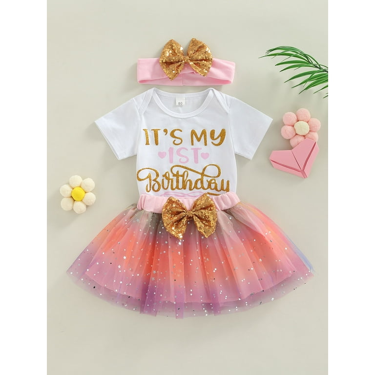 Baby Girl My First Birthday Outfits Letter Print Short Sleeve Romper Sequins Mesh Tulle Gradient Skirt Headband