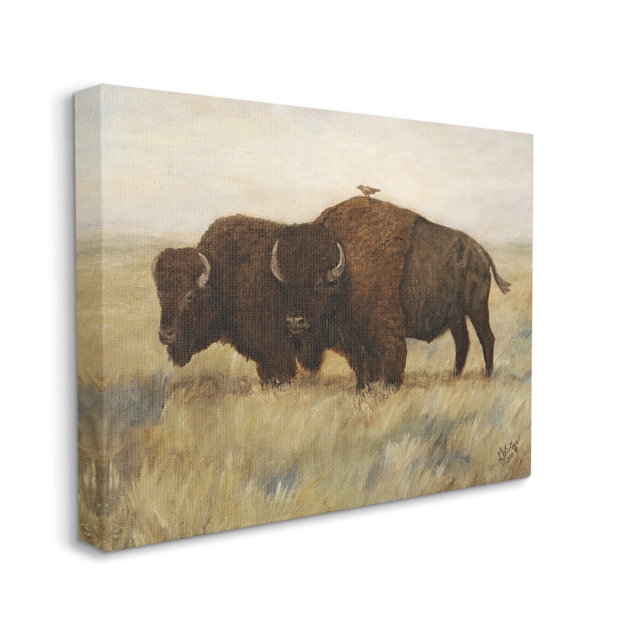 Stupell Industries Bird on Bison Rural Scene Animals & Insects Painting Gallery Wrapped Canvas Print Wall Art