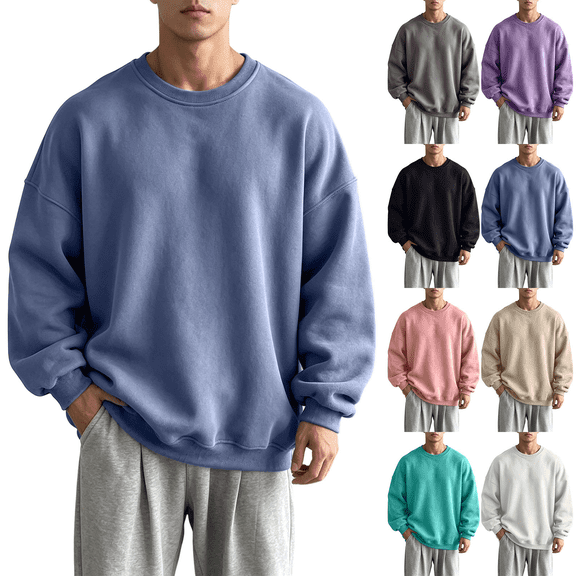 Liuinsasek Men's Round-neck Sweatshirt Winter Fleece Casual Trendy Loose Pullover Top Drop-shoulder Couple Solid Color Long Sleeves Top