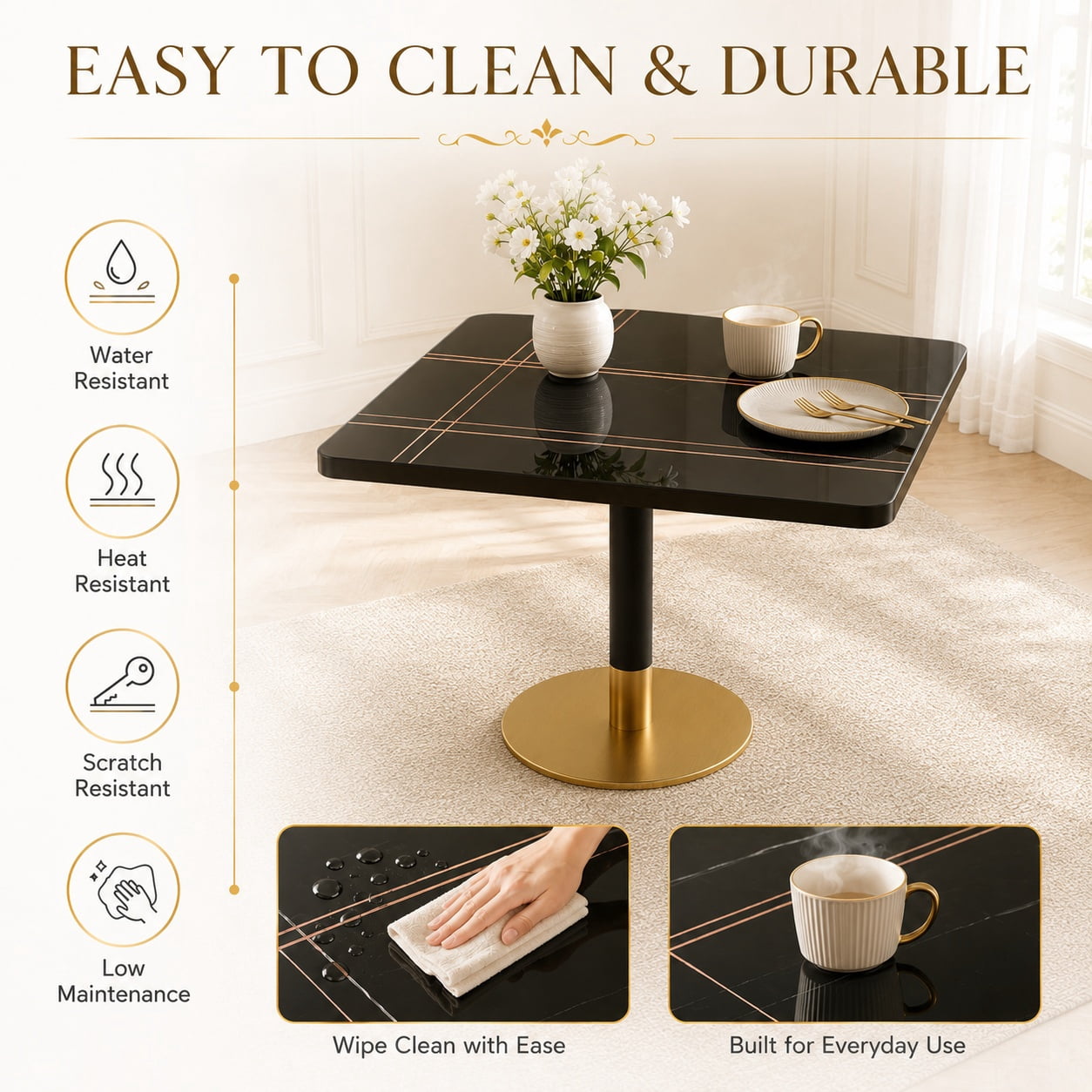 Aukfa 31.5" Square Dining Table for 2-4, Marble-Look Sintered Stone Top, Gold Pedestal Base, Small Spaces,Nero Black