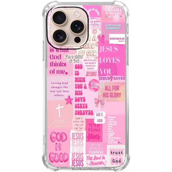 Pink Jesus Bible Verse Christian Quotes Collage Pattern Case for iPhone 16 Pro Max, Unique Trendy Soft TPU Phone Protective Cover, ip16promax