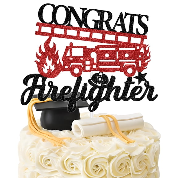 Congrats Firefighter Cake PresNokTopper, Congrats Grad/Future Fireman Cake Decor, Class of 2025 Fire Academy Department Graduation Party Decorations Supplies Black and Red Glitter