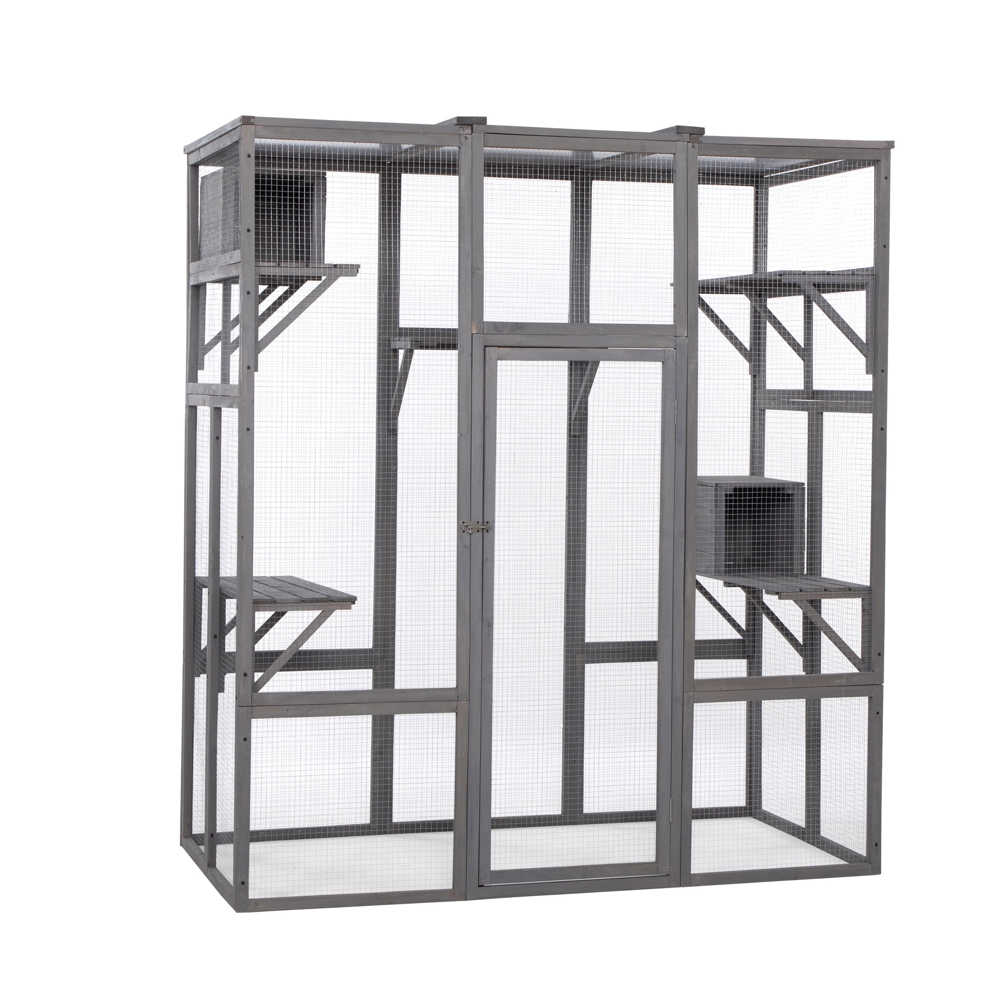 Noaman Extra Large Cat Cage - Gray, 62.41"L x 32.36"W x 70.08"H Outdoor Cat Playpen with Sunshine Roof, 5 Platforms & 2 Condos for Multiple Cats