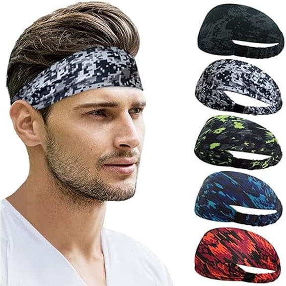 Sports Headbands for Men & Women (5 Pack), Moisture Wicking Sweatbands, Elastic Non Slip Sweat Bands, Athletic Workout Fashion Wide Hair Bands for Running, Cycling, Basketball, Yoga