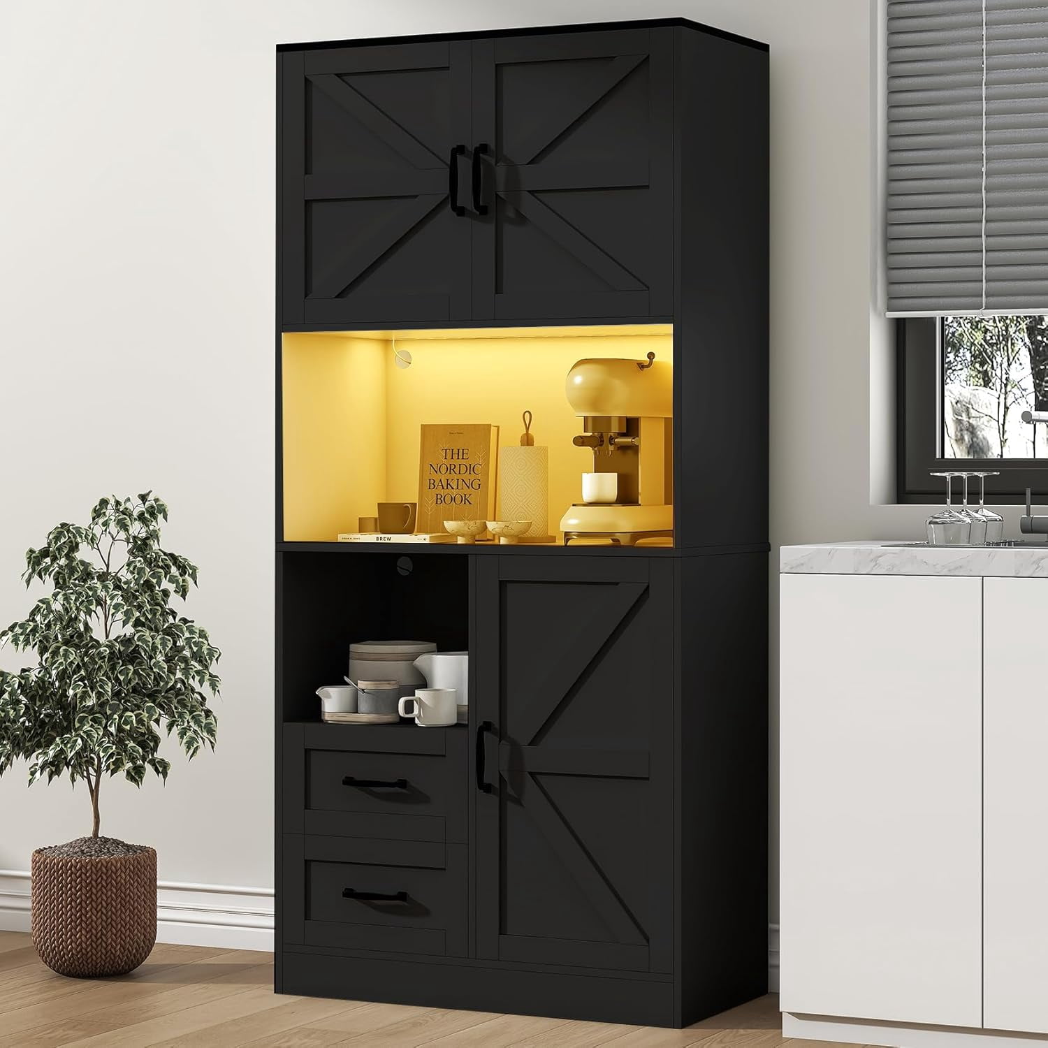 HAUXITIO 68-Inch Pantry Cabinet with LED Lights & Power Outlet,Kitchen Storage Organizer with Countertop,3 Doors,2 Drawers & Adjustable Shelves,Grey