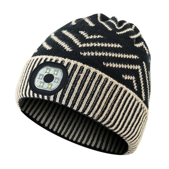 Morttic Winter Hat Led Luminous Hat Unisex Beanie Flap Jacquard Design with 4 Detachable Beads Hands-free Lighting Hat, Black Brown
