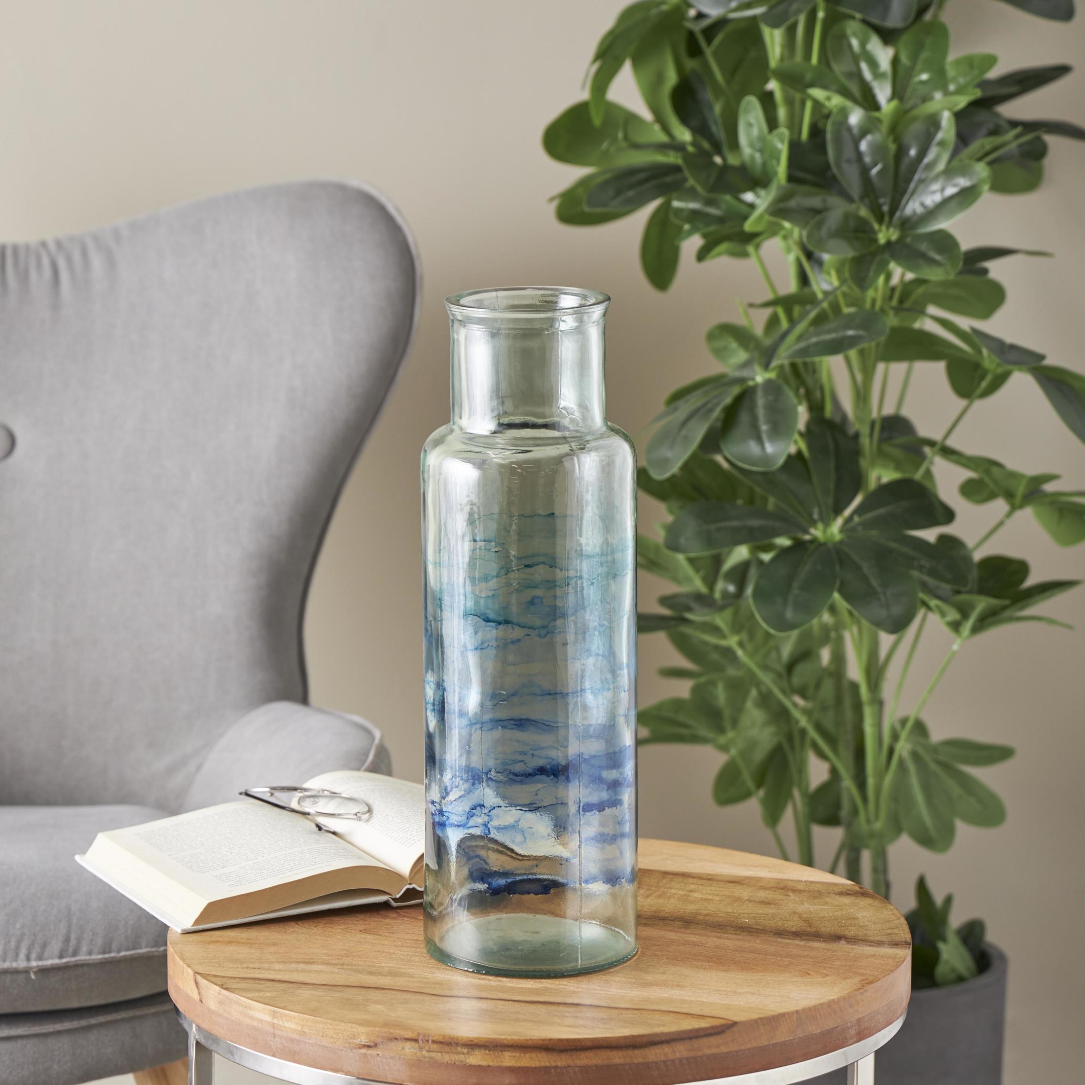 DecMode 18" Abstract Handmade Slim Spanish Bottle Neck Blue Recycled Glass Vase with Ombre Swirled Bands
