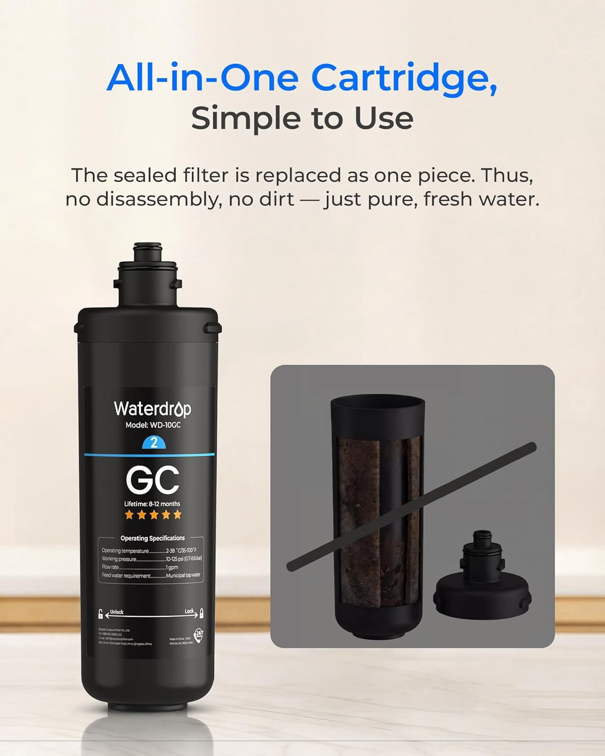 Waterdrop WD-10GC Under Sink Water Filter, Replacement for Waterdrop TSA & TSB & TSB cm 3-Stage Under Sink Water Filter System