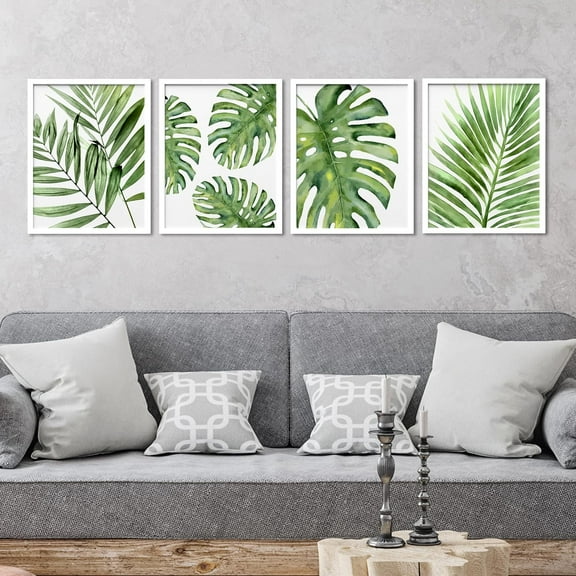 PixonSign Set of 4 Framed Wall Art, Tropical Green Island Palm Leaf Poster, Nature Wilderness Wall Decor Prints, Botanical Floral Wall Décor, Modern Landscape Artwork for Farmhouse - 11"x14" White