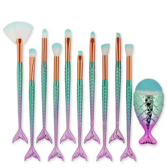 Juego de brochas de maquillaje de sirena, lindo kit de brochas de maquillaje, brocha de maquillaje + bolsa para base, sombra de ojos, rubor, regalo de Navidad y cumpleaños para niñas (11 piezas)