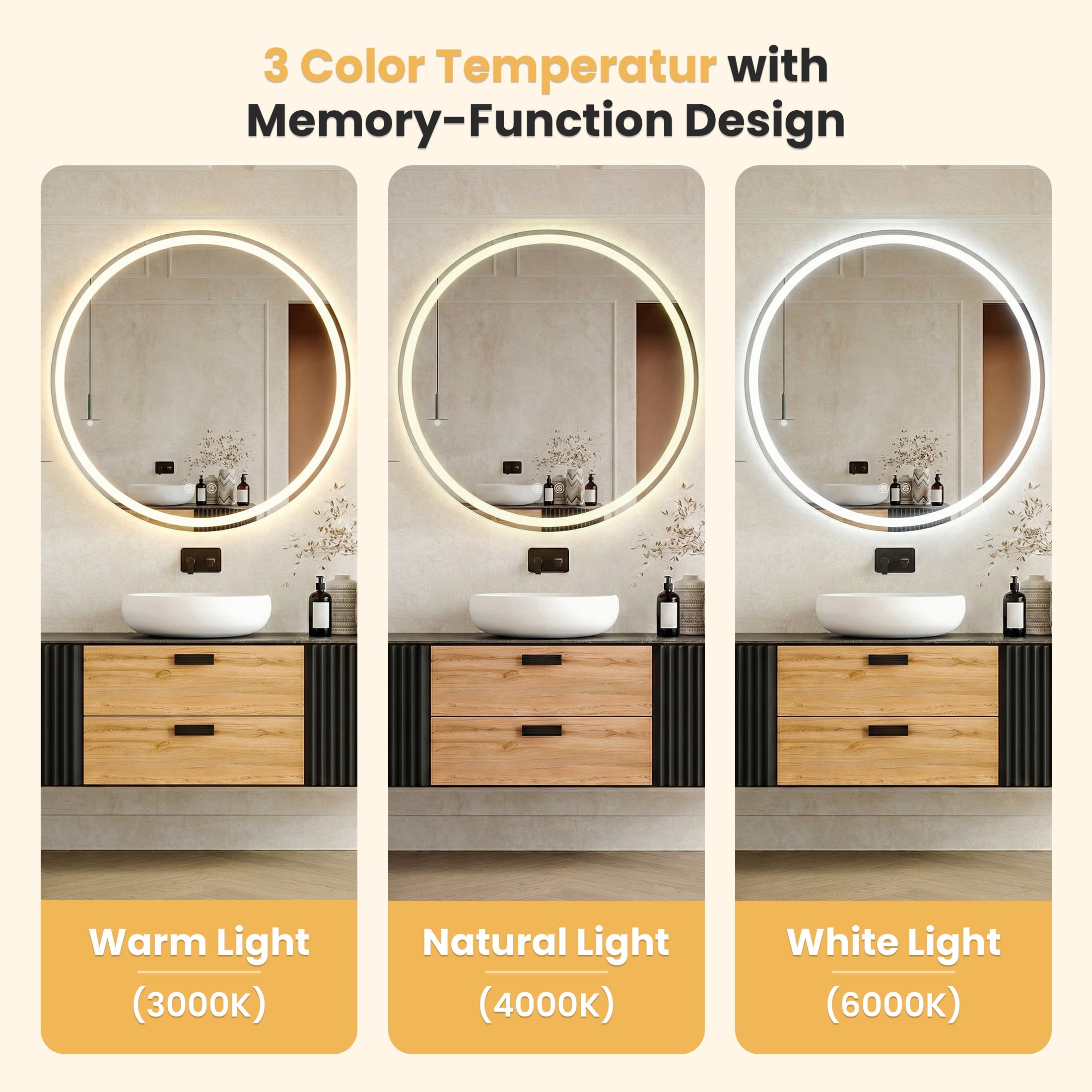 EDX 28" Anti-fog LED Bathroom Mirror with Dual Light Source and Three Lighting Modes, White