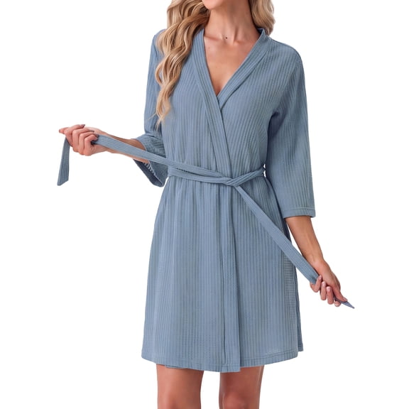 Women's Waffle Knit Robe 3/4 Sleeve V Neck Knee Length Wrap with Adjustable Waist Belt Light Blue L