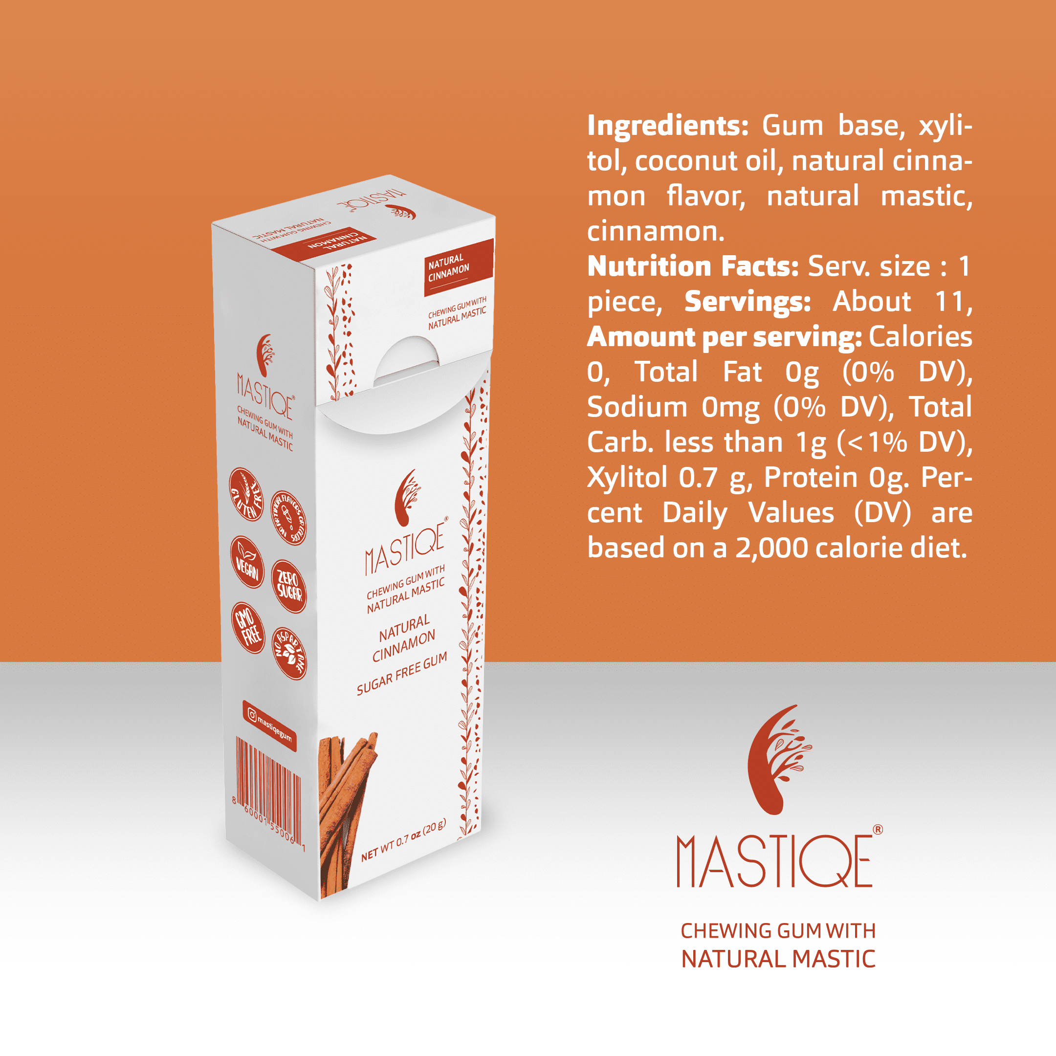 Mastiqe Sugar Free Chewing Gum with Natural Mastic -Cinnamon (12-Box)