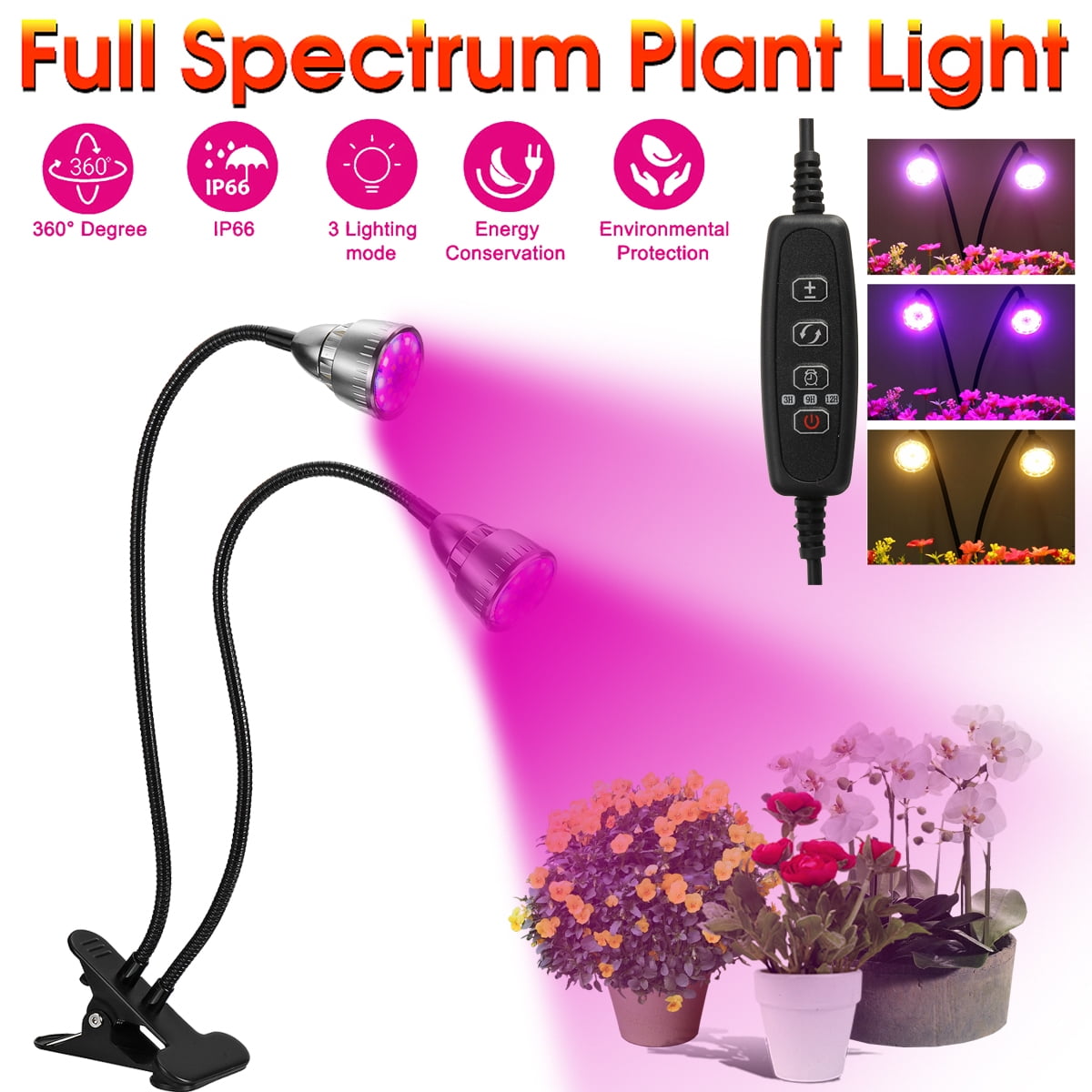 60W Dual Head LED Plant Grow Light Desktop Flexible Clip Lamp Full Spectrum UK 