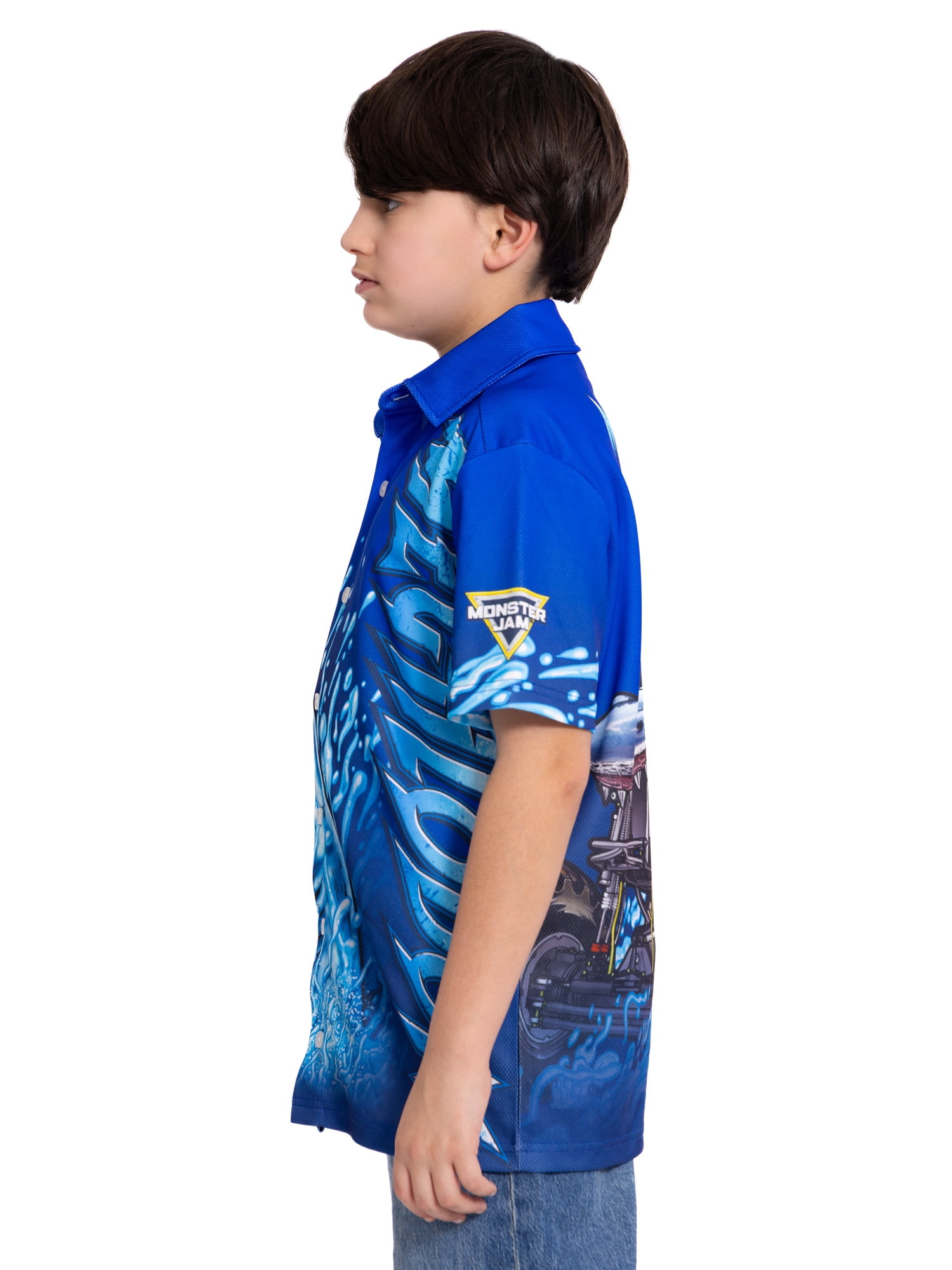 Monster Jam Megalodon Boys Button Shirt with Short Sleeves, Sizes 4-16