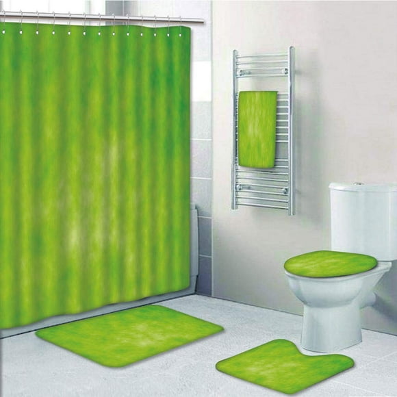 EREHome Lime Cloudy Shade of Color Pastel Toned Hazy Backdrop Irish Tones Artistic Digital Lime 5 Piece Bathroom Set Shower Curtain Bath Towel Bath Rug Contour Mat and Toilet Lid Cover