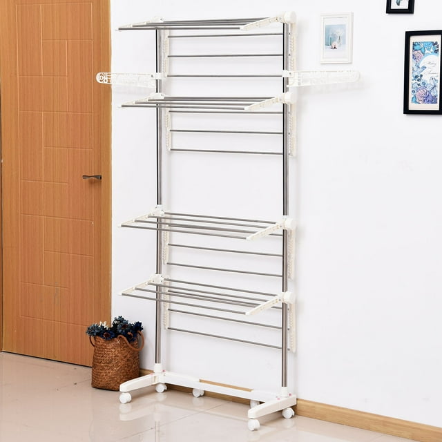HOMCOM Séchoir à Linge Pliant à 4 Niveaux avec Roulettes / Acier Inoxydable et ABS / Blanc/argent / 55,9 Pouces L x 21,7 Pouces P x 67,7 Pouces H / Séchage et Rangement pour Vêtements d'Intérieur