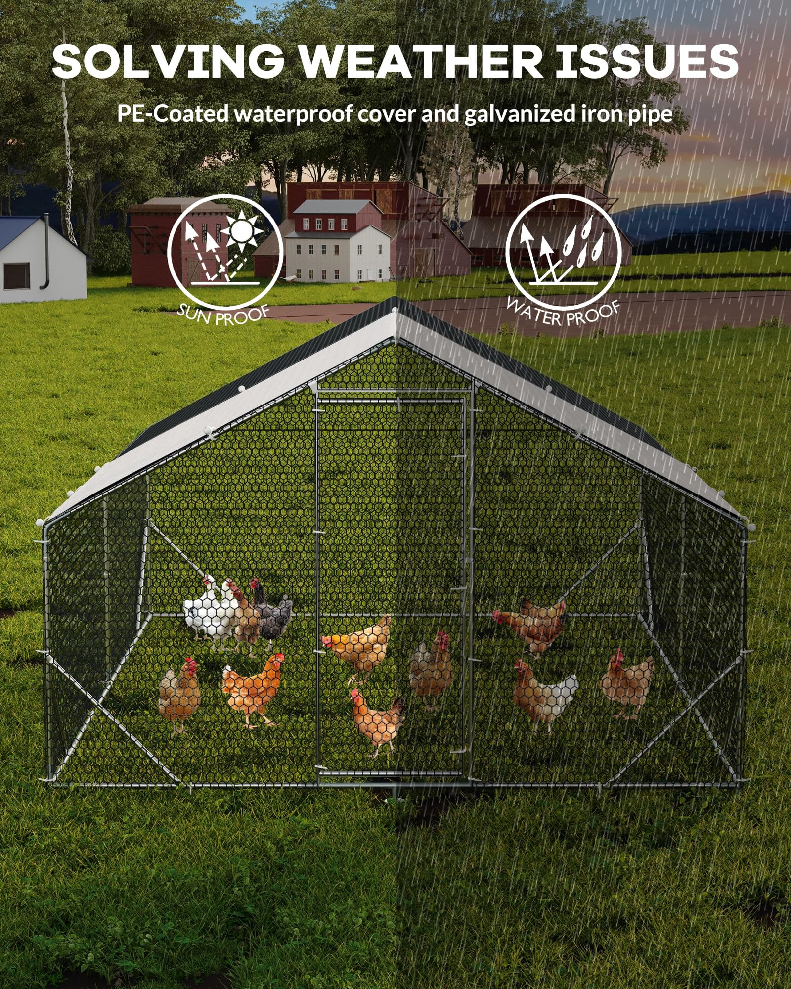Large Walk-In Metal Chicken Coop Outdoor Poultry Run - 25mm Heavy-Duty Frame, PE Waterproof & Anti-UV Cover, Secure Lock, For Chickens, Ducks, Rabbits, Small Pets - Size: W300 x D400 x H200cm