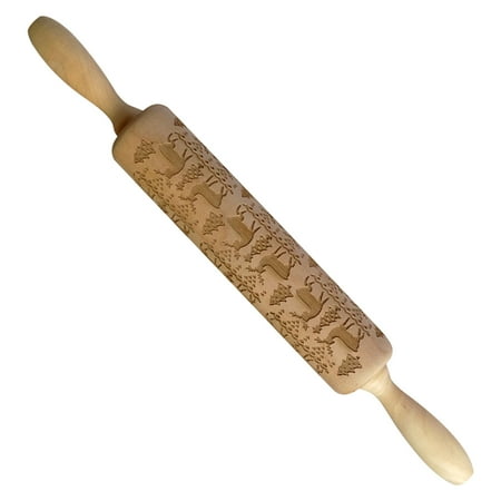 

ESULOMP Wooden Christmas Printing Rolling Pin Carved Embossed Rolling Pin Cookie Dough Stick