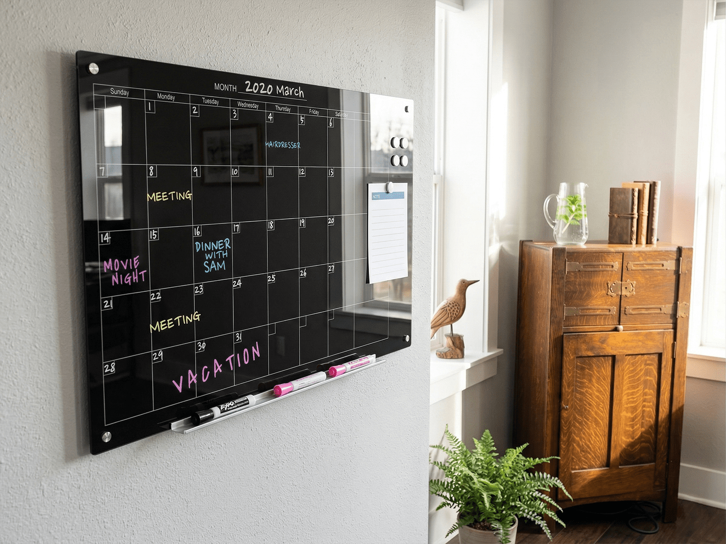 Audio-Visual Direct Glass Dry-Erase Calendar Whiteboard Set - 3' x 2' - (Magnetic, Black)
