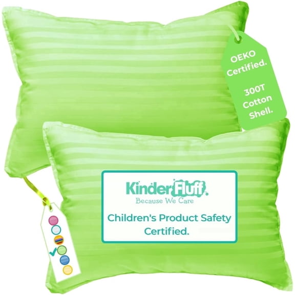 Kinder Fluff Toddler Pillow, 2 Pack 10x15 Inch Kids Pillow Set, 100% Cotton Cover, Down Alternative Fill, Green