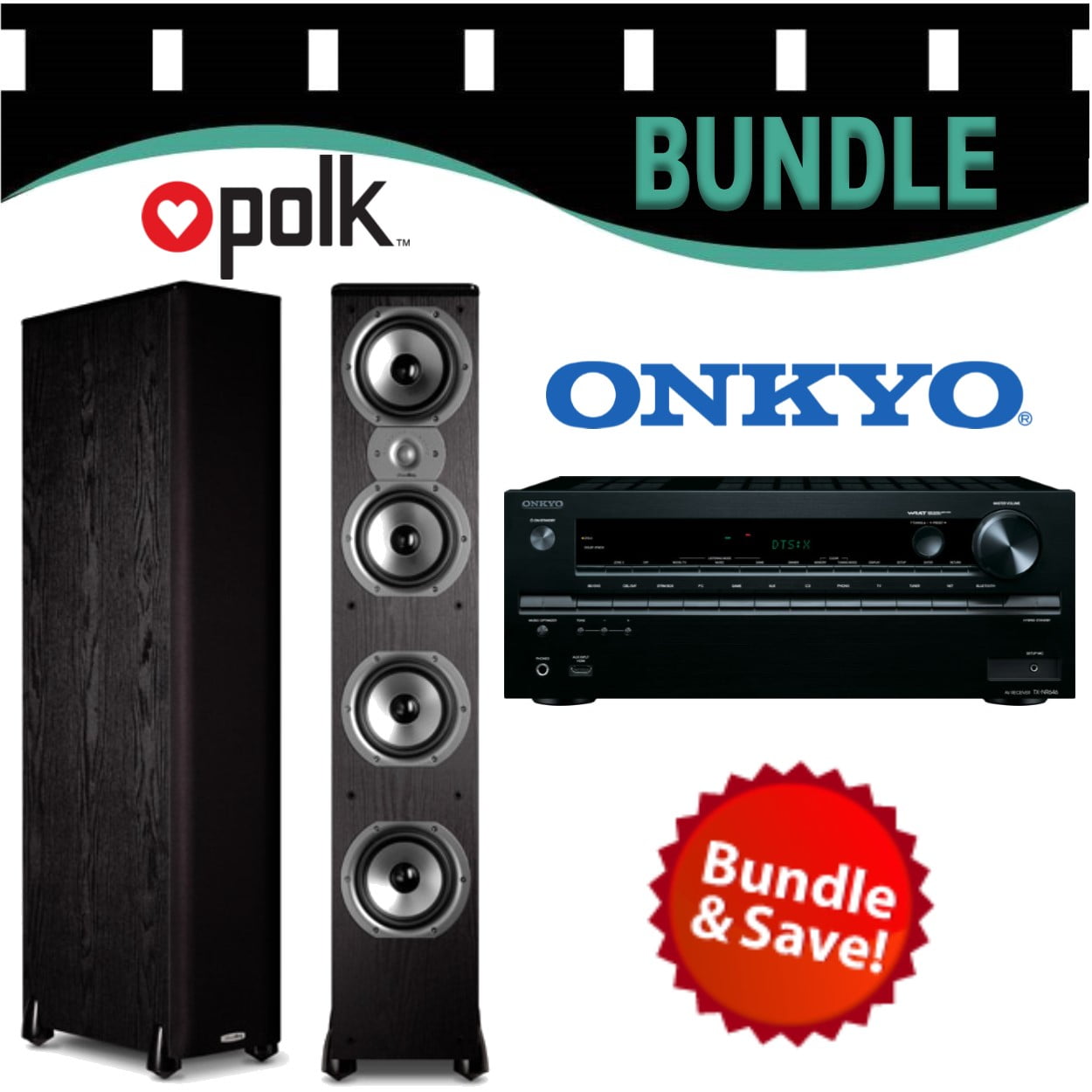 Onkyo TXNR646 Receiver Bundle with a Pair of Polk TSi500 Floorstanding