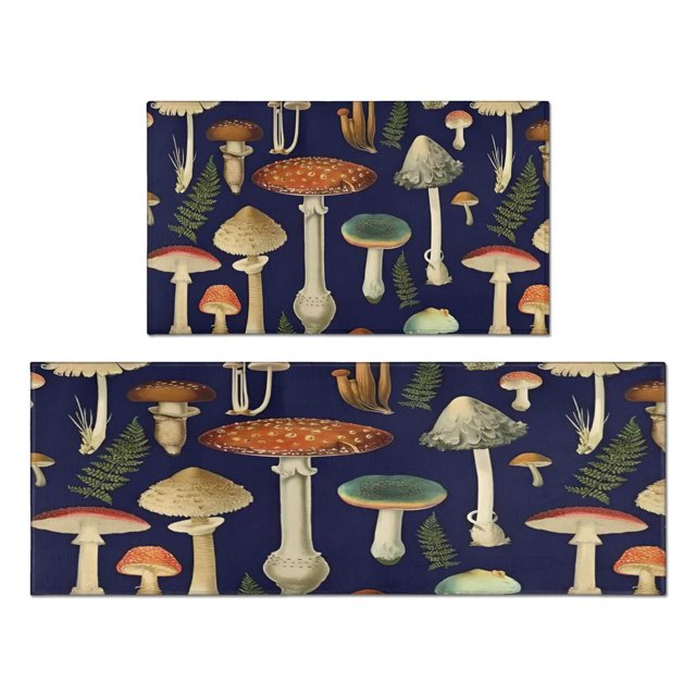 Aesthetically Pleasing Non-Slip Red Mushroom Kitchen Rugs & Mats, Set of 2, Cushioned - Adds Boho Style to Kitchen, Sink, Laundry, Bathroom - Great Home Decor, Sizes 17x30 & 17x47 inches