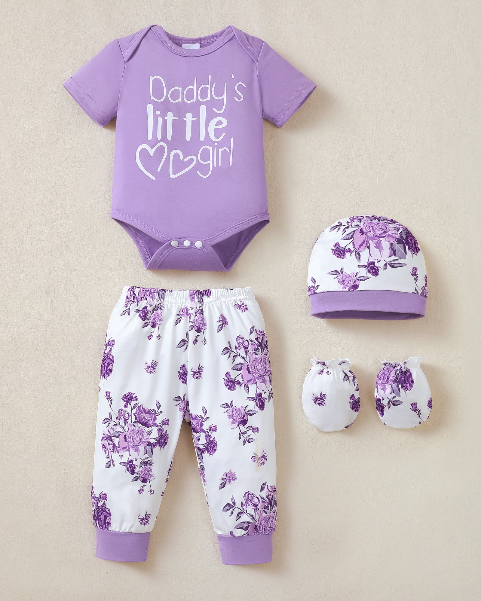 Kimi Bear Newborn Baby Girls Layette Essentials Set 3-6 Months Summer Clothes 4 Packs Short Sleeves Romper Tops Pants Sets with Hats and Gloves 16pcs Girl Gifts Purple