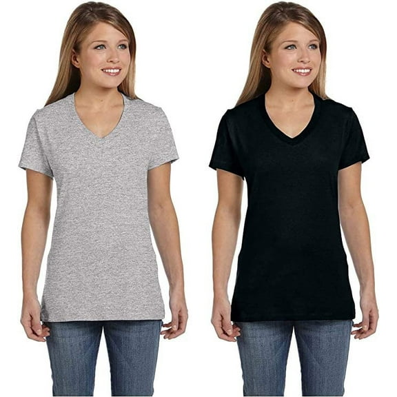 Hanes Assorted 2 Pack Women Black and Grey V-Neck Tees (Size Small) - Black And Grey