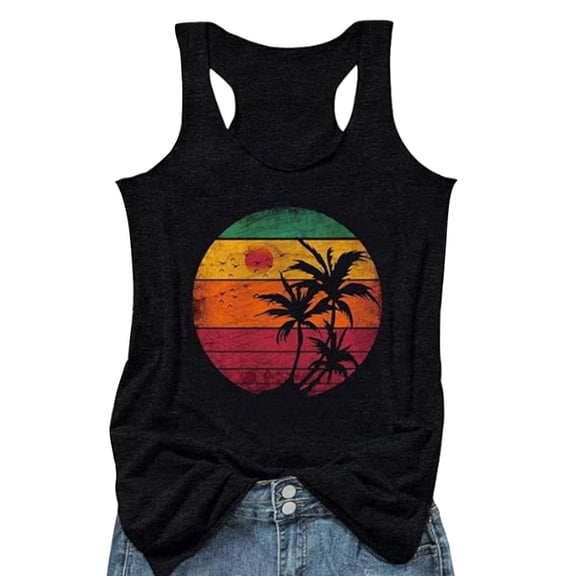 Bibifish Women's Summer Beach Casual T-Shirt Loose Racerback Tank Top Lightweight Tropical Beach Print Holiday Tank Tees