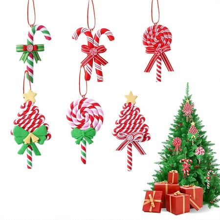 

6PCS Christmas Candies Polymer Clay Ornament Xmas Decor Candy Cane Hanging Decorations Sweets Candy Pendant Xmas Tree Party Supplies