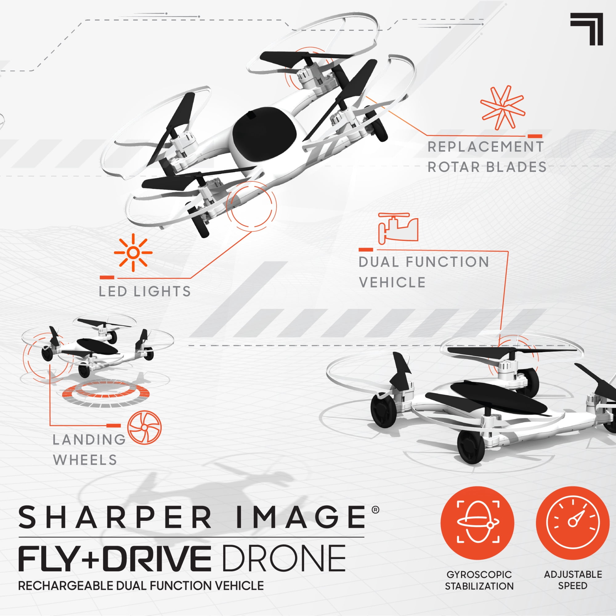 SHARPER IMAGE Rechargeable Dual Function Fly + Drive Drone RC, 250ft Long Range Control and 215ft Max Altitude, 5in