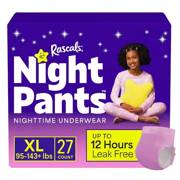 Rascals Night Pants Absorbent Disposable Girls Nighttime Bedwetting Underwear, XL  (95-143  lbs), 27 Count
