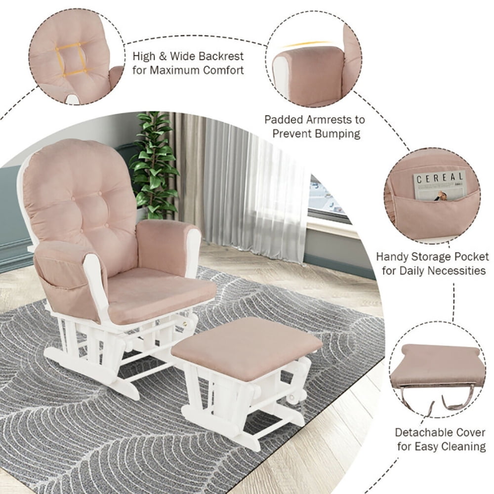 Finihen Glider and Ottoman Cushion Set, Wooden Rocking Nursery Chair with Cushioned Armrests Detachable Cushion, Upholstered Glider with Nursing Ottoman, for Napping, Nursing, Reading, Pink Finihen Glider and Ottoman Cushion Set, Wooden Rocking Nursery Chair with Cushioned Armrests Detachable Cushion, Upholstered Glider with Nursing Ottoman, for Napping, Nursing, Reading, Pink