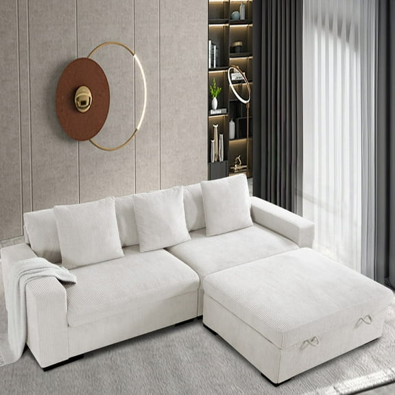 103" Modular Sectional Sofa L-Shaped, Comfy Corduroy Fabric Cloud Couches with Storage Ottoman for Living Room, Modern 4 Seater Sofa with Chaise, White