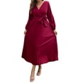 thumbnail image 2 of Sunloudy Vestido casual para mujer, cuello en V, manga larga, color sólido, cintura alta, plisado, vestidos largos con cinturón Sunloudy S M L XL, 2 of 8