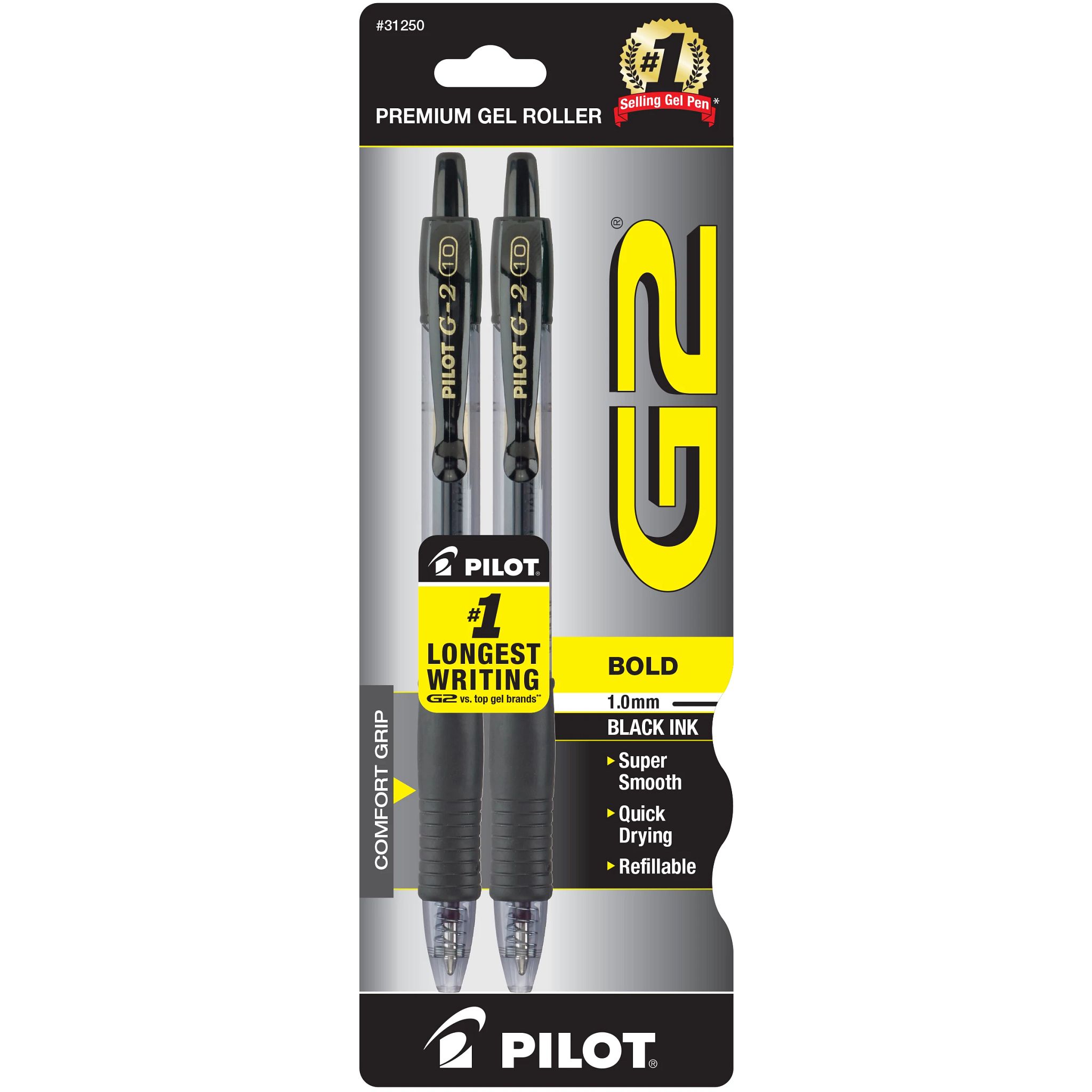 Pilot G2 Retractable Gel Ink Pens, Bold Point, Black, 2 Count