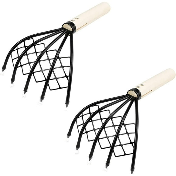 GFDYREE 2Pcs Claw Rake with Mesh Net,5- Tine Steel Clamming Claws Seafood Digging Rake Shell Clam Digger Handle Clam Scraper Tool for Beach