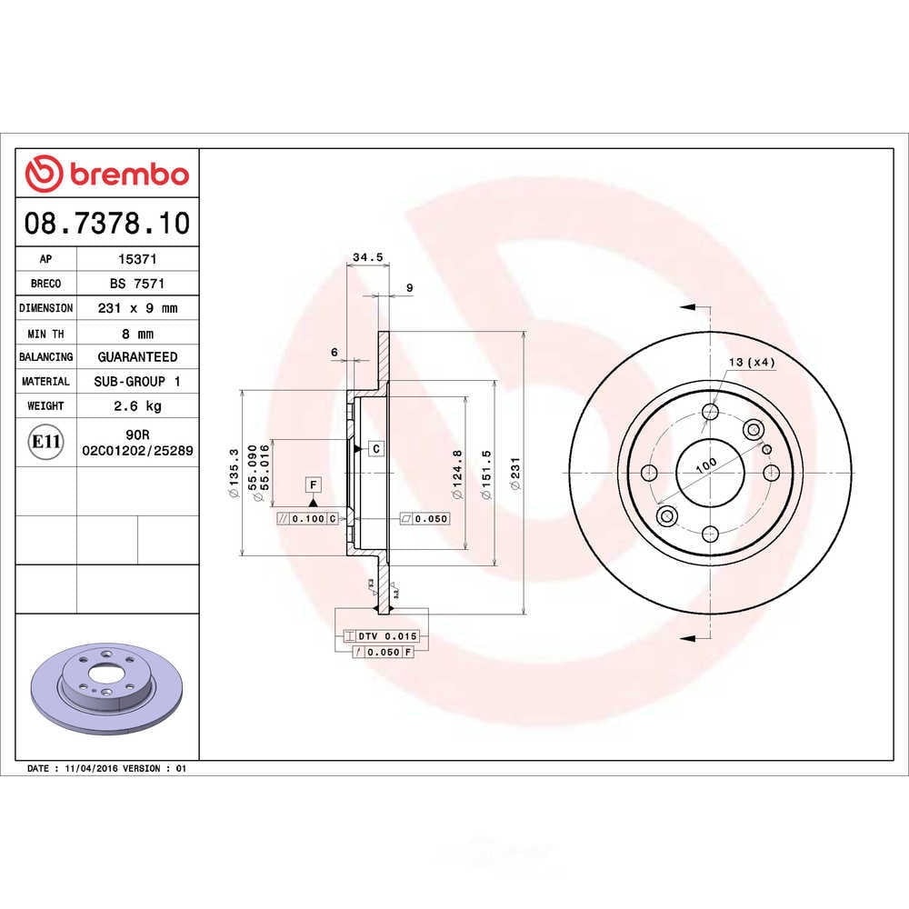 Brembo 08.7378.10 BRAKE ROTORS Fits select: 1990-1993 MAZDA MX-5 MIATA