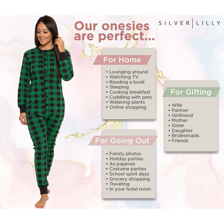 Silver Lilly Buffalo Plaid Women s One Piece Pajamas Adult Unisex Union Suit with Drop Seat Green black Plaid X Small