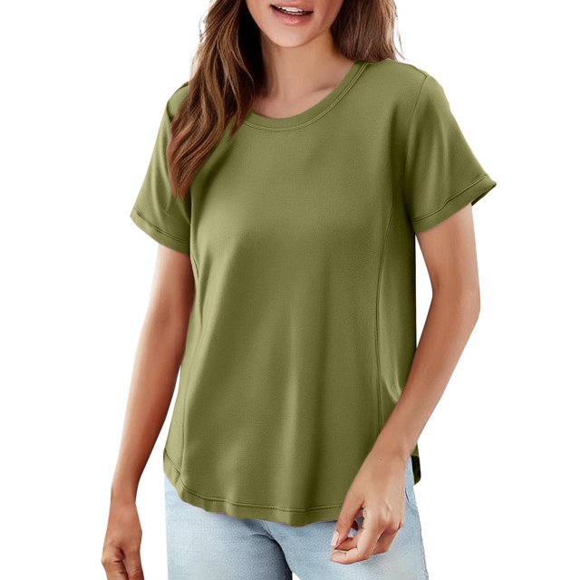 Charmgo Hauts pour Femmes T-Shirt Uni Tendance Col Rond Manches Courtes Grande Taille Ample Élastique Pur Coton Basique Tunique Sans Manches Hauts d'Été pour Femmes Vert Armée TTG