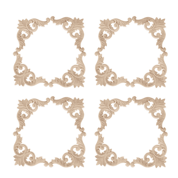 Wood Carved Corner Mouldings Onlay Applique Unpainted Furniture Decor 16Pcs 12X12cm