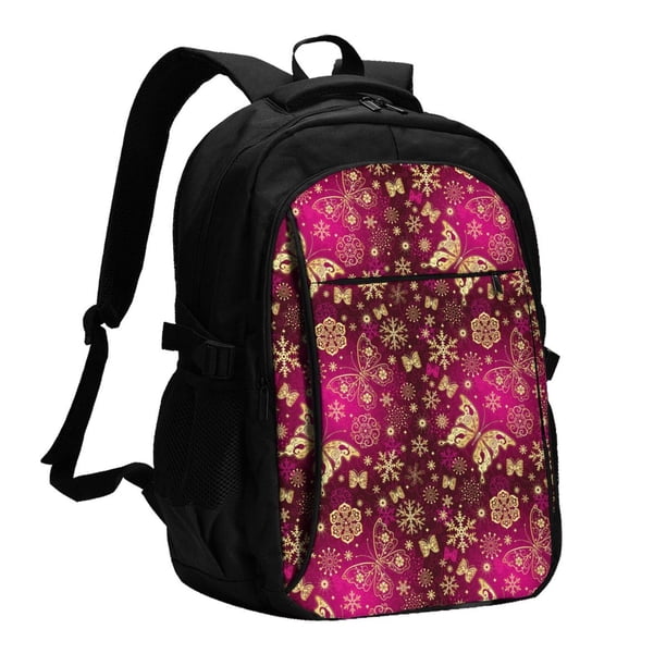 Easygdp Golden Snowflakes And And Butterflies Mochila para Laptop de Viaje con Puerto USB, Mochila para Laptop con Puerto de Carga USB para Mujeres y Hombres