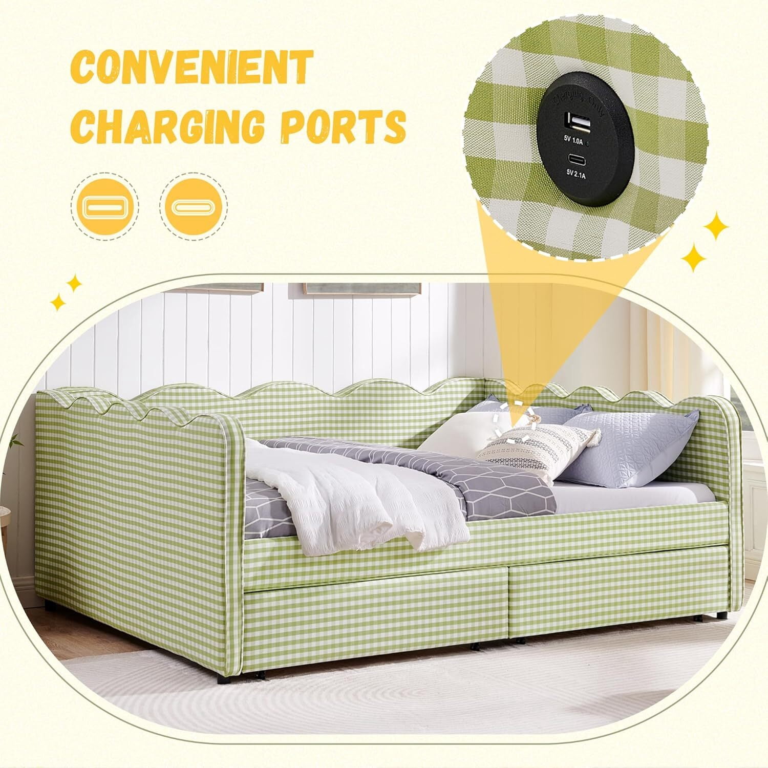 avobird Cozy Gingham Daybed with 2 Storage Drawers Queen Size Sofa Bed for Living Room, Sleeper Sofa with USB Port and Adorable Wave Shaped, Linen Fabric, Green