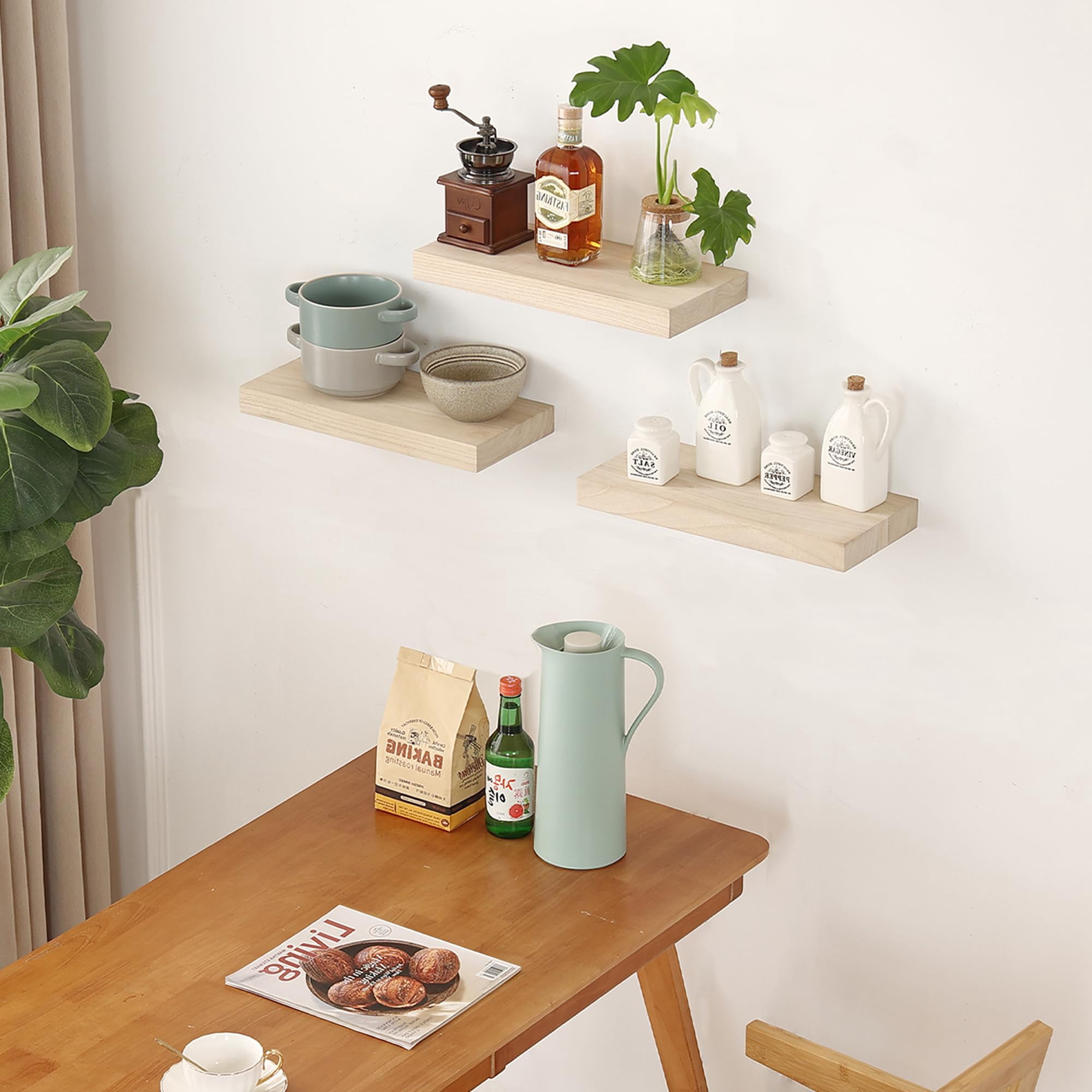 Floating Shelves for Wall Set of 3-Rustic Brown Solid Wood Wall Mounted Shelves,16" Long x 7" Deep x 1.6" Thick,Heavy Duty Shelving for Bedroom, Living Room, Kitchen, Bathroom (16inch)