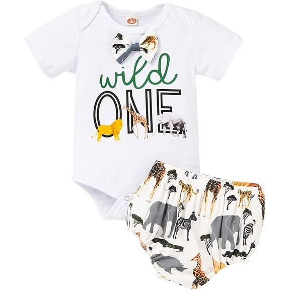 Viworld Kids Baby Birthday Wild one Outfits Infant Boy Animals Gentleman Bodysuit Cake Smash Party Clothes(White,9-12m)