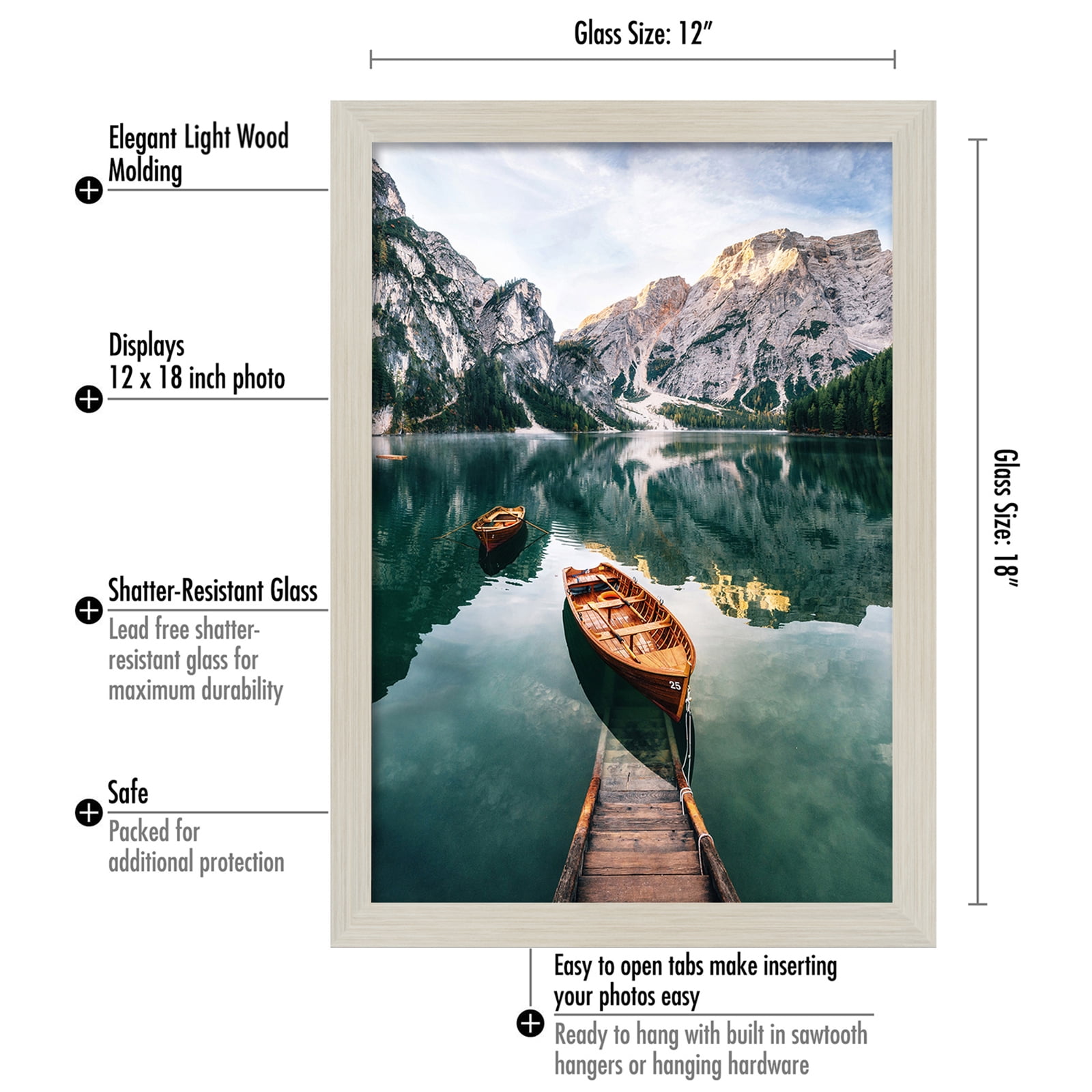 Americanflat 12x18 Picture Frame, MDF wood and shatter-resistant glass, portrait and landscape display, Lightwood