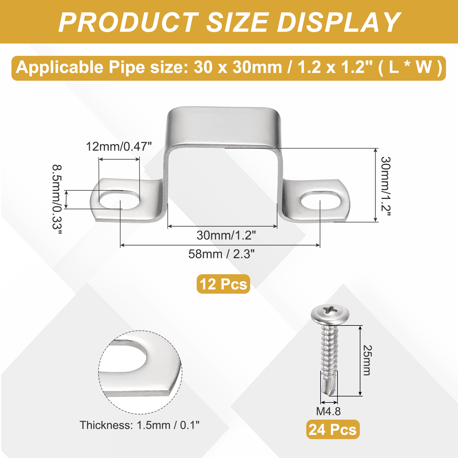 Uxcell 12Pcs U Shape Square Tube Clamp, 30x30mm U Shaped Bracket 304 Stainless Steel Square Strap Clamp with Phillips Head Self Drilling Screws for Pipes Door Closed Bar Holder Railings